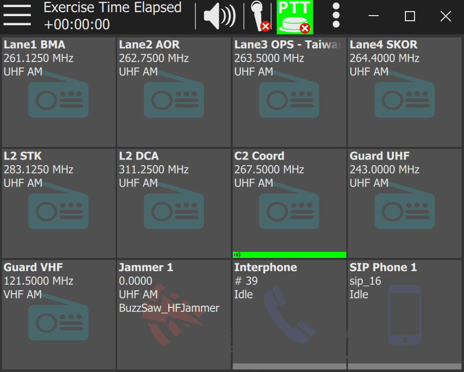 sonomarc radio panel showing UHF and VHF channels, guard frequencies, a simulated jammer, an interphone, and a SIP phone.