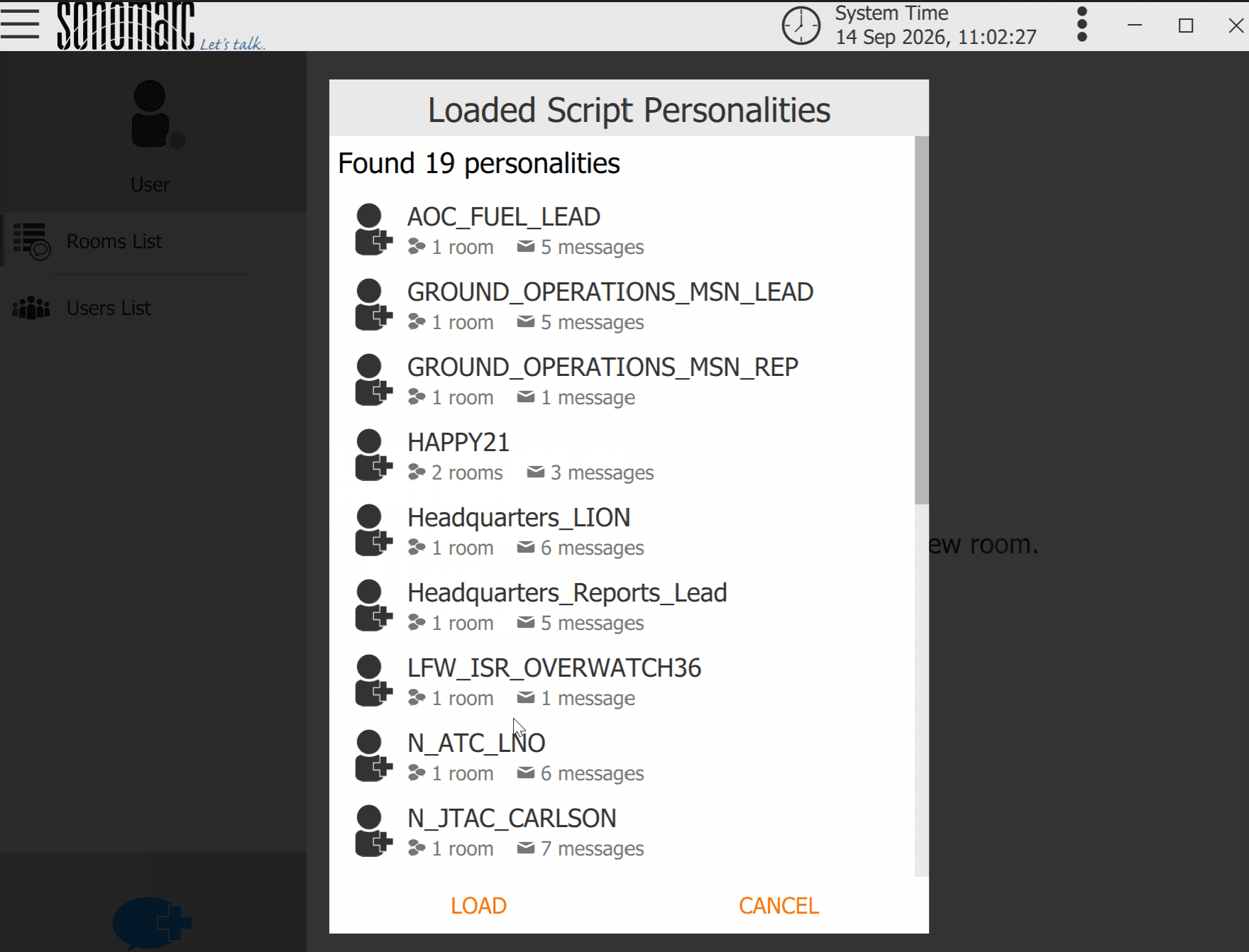 sonomarc list of loaded script personalities, each showing its assigned chat rooms and message count.